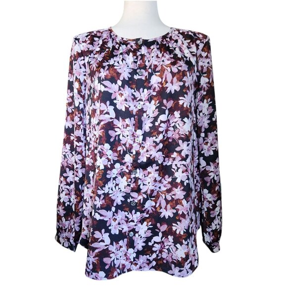 J. Jill Wearever Purple Brown Floral Long Sleeve Button Up Blouse Women's M - Picture 1 of 11
